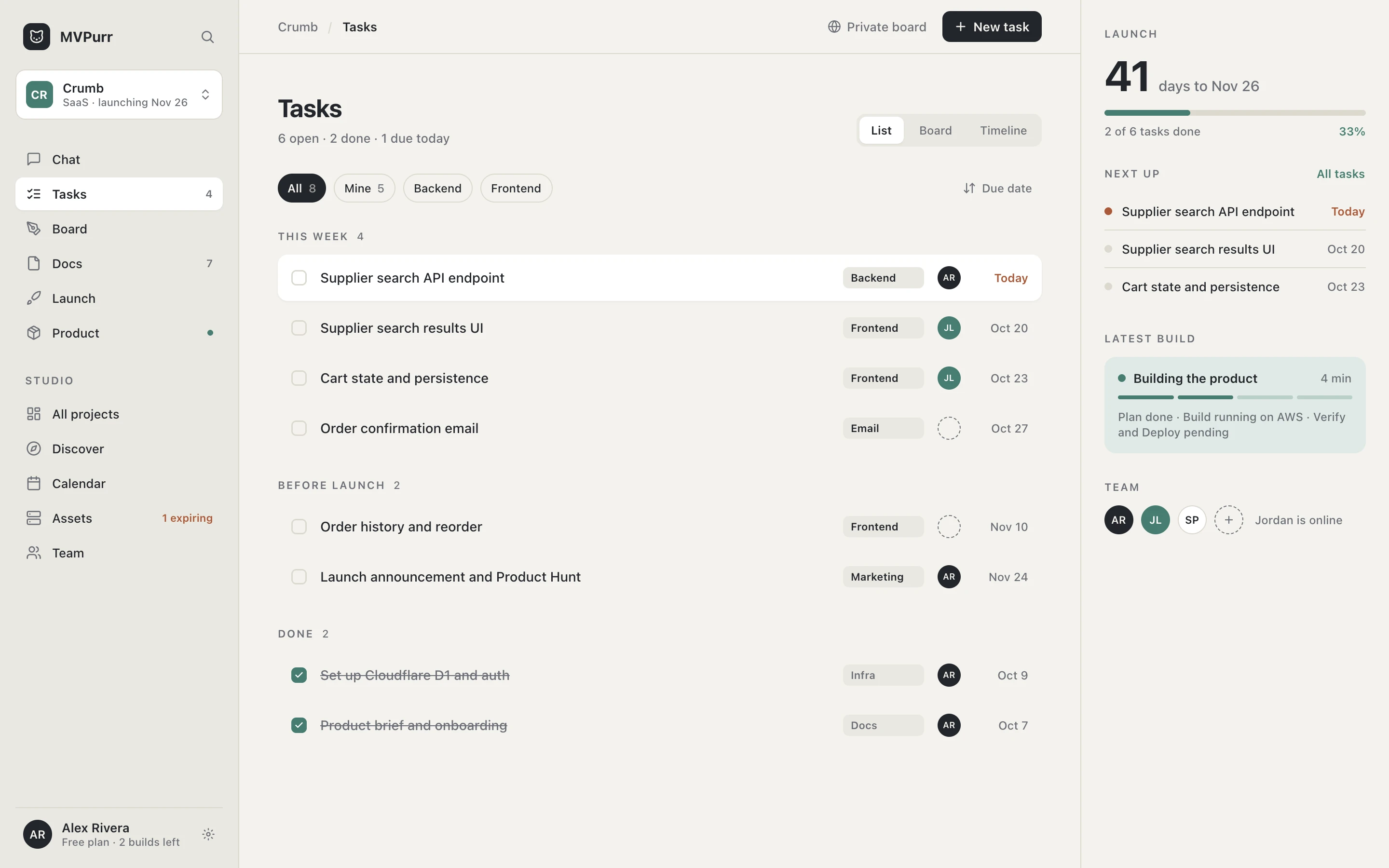 MVPurr tasks view: work grouped into This week, Before launch and Done, with status, owner and due date on each row and the launch countdown on the right.